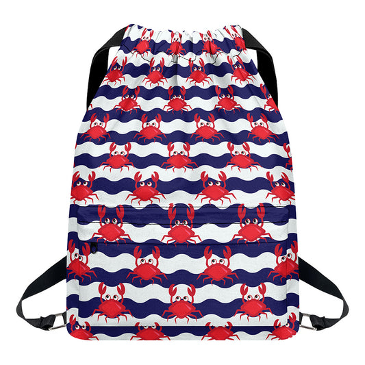 Blue And White Wave Crab Pattern Print Drawstring Backpack