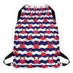 Blue And White Wave Crab Pattern Print Drawstring Backpack