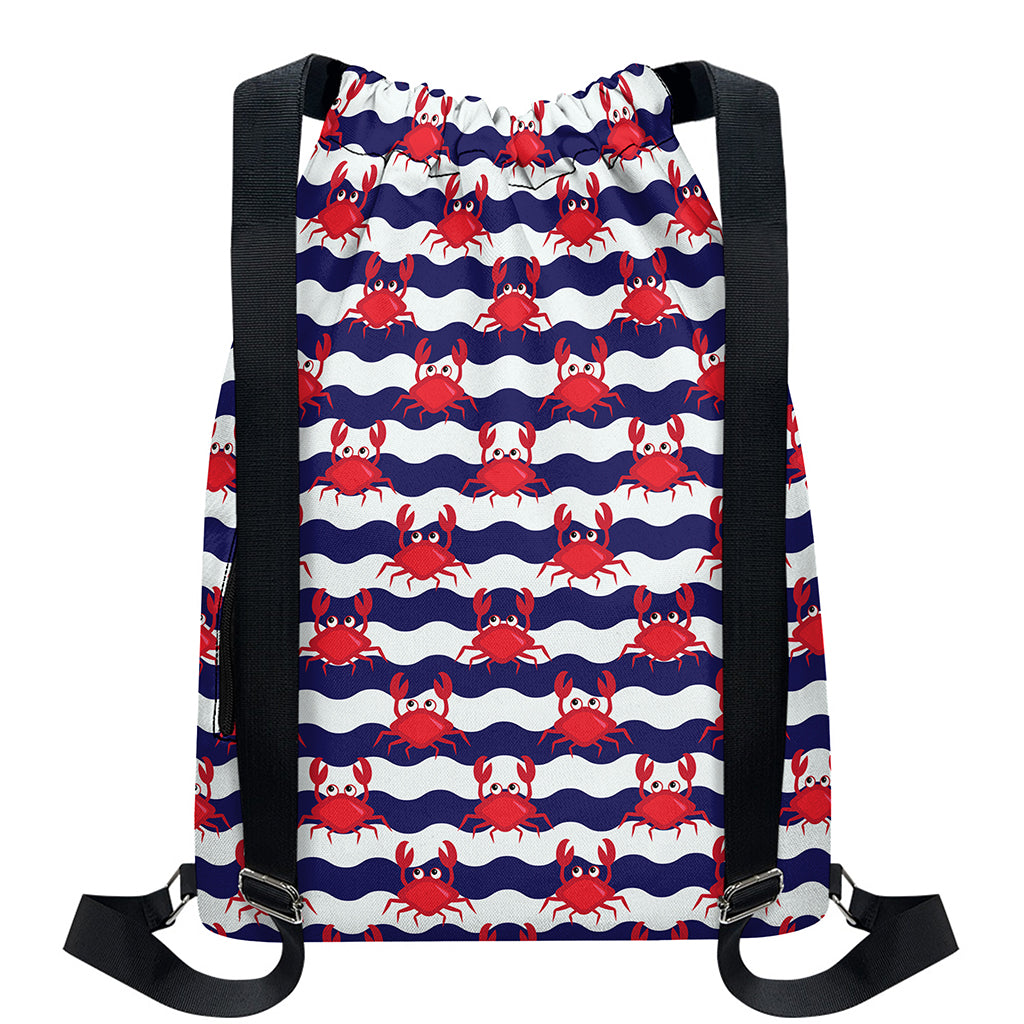 Blue And White Wave Crab Pattern Print Drawstring Backpack
