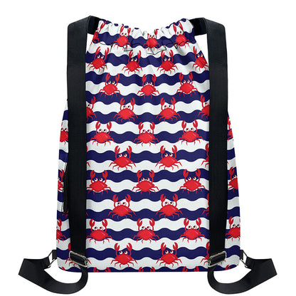 Blue And White Wave Crab Pattern Print Drawstring Backpack