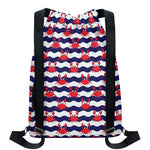 Blue And White Wave Crab Pattern Print Drawstring Backpack