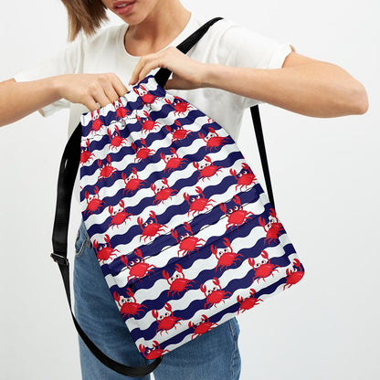 Blue And White Wave Crab Pattern Print Drawstring Backpack