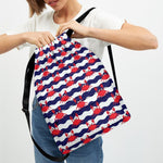 Blue And White Wave Crab Pattern Print Drawstring Backpack