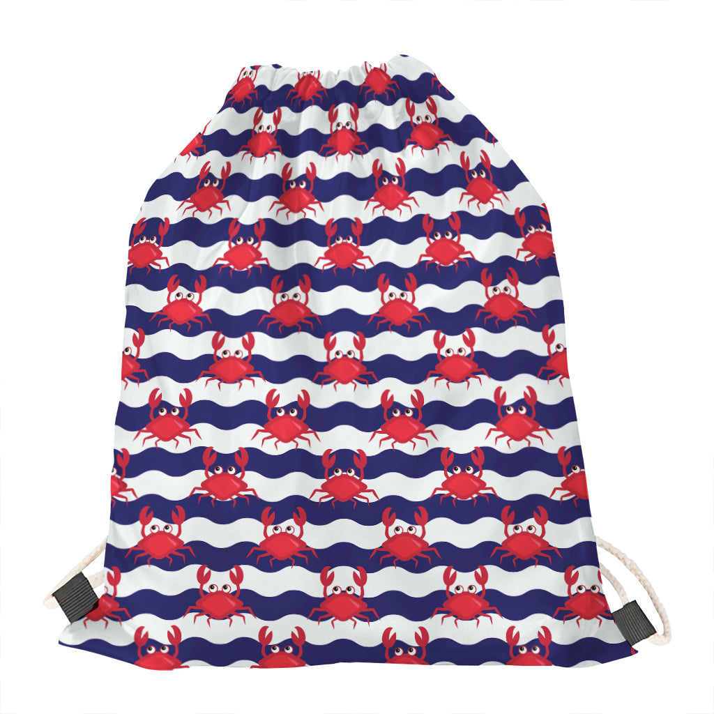 Blue And White Wave Crab Pattern Print Drawstring Bag