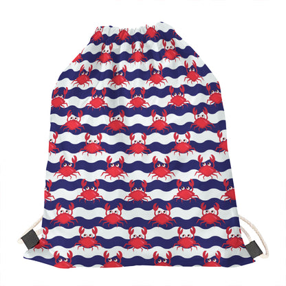 Blue And White Wave Crab Pattern Print Drawstring Bag