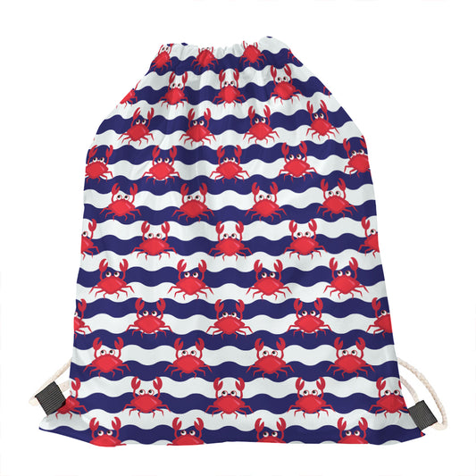 Blue And White Wave Crab Pattern Print Drawstring Bag