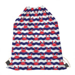 Blue And White Wave Crab Pattern Print Drawstring Bag