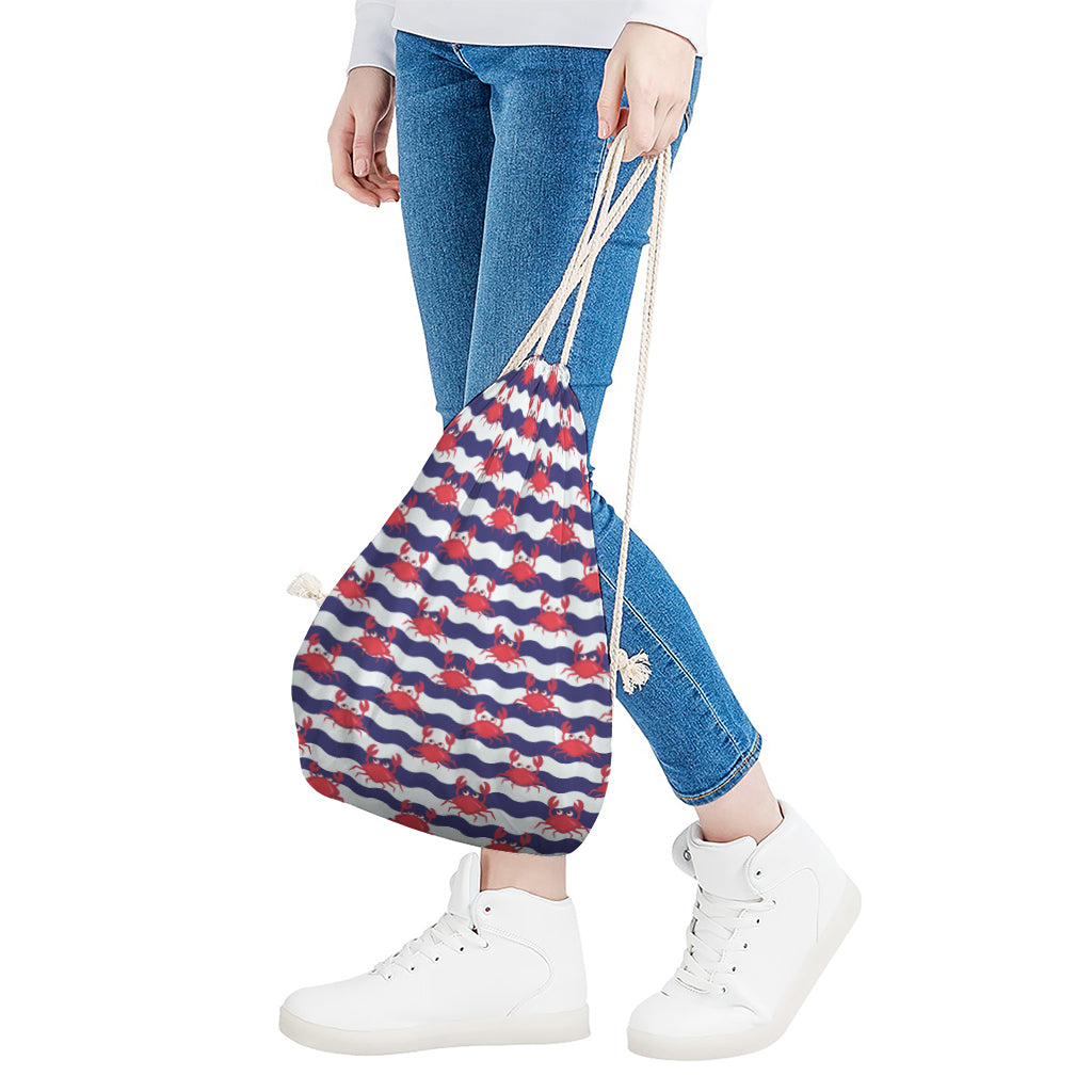 Blue And White Wave Crab Pattern Print Drawstring Bag