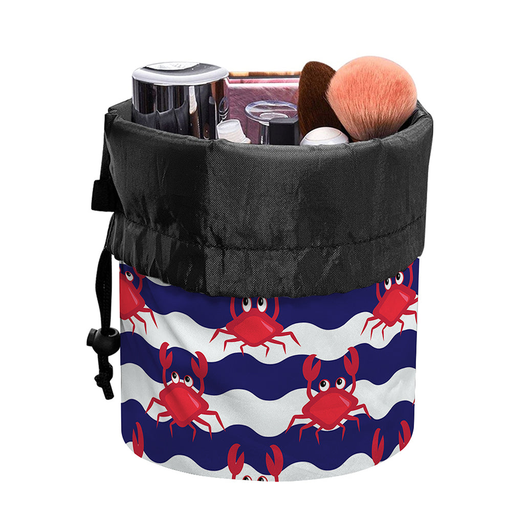 Blue And White Wave Crab Pattern Print Drawstring Makeup Bag
