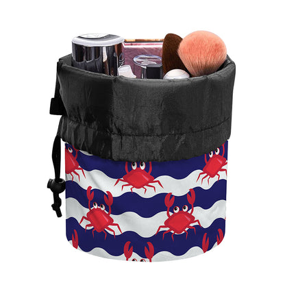Blue And White Wave Crab Pattern Print Drawstring Makeup Bag