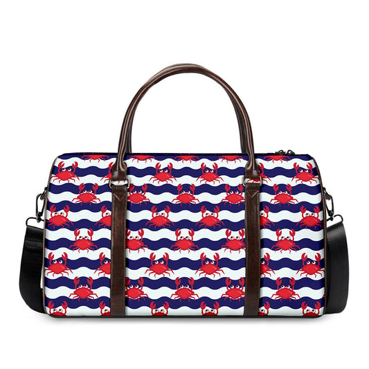 Blue And White Wave Crab Pattern Print Duffle Bag