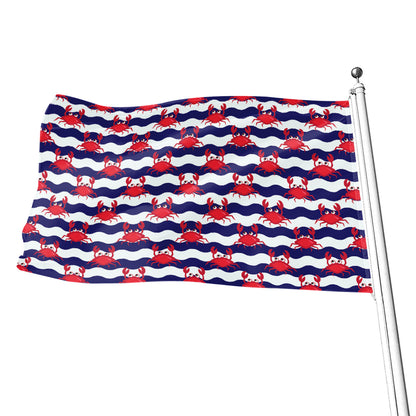 Blue And White Wave Crab Pattern Print Flag