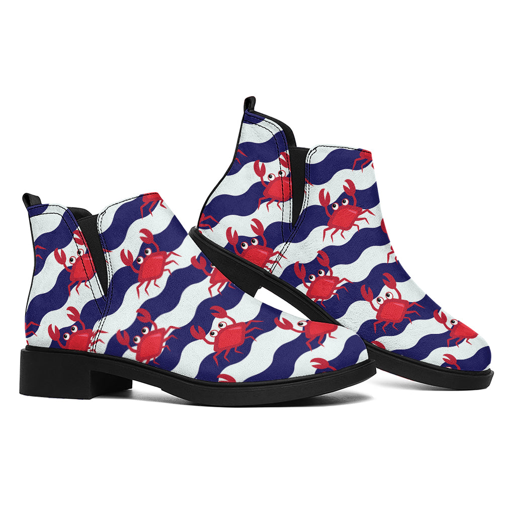 Blue And White Wave Crab Pattern Print Flat Ankle Boots