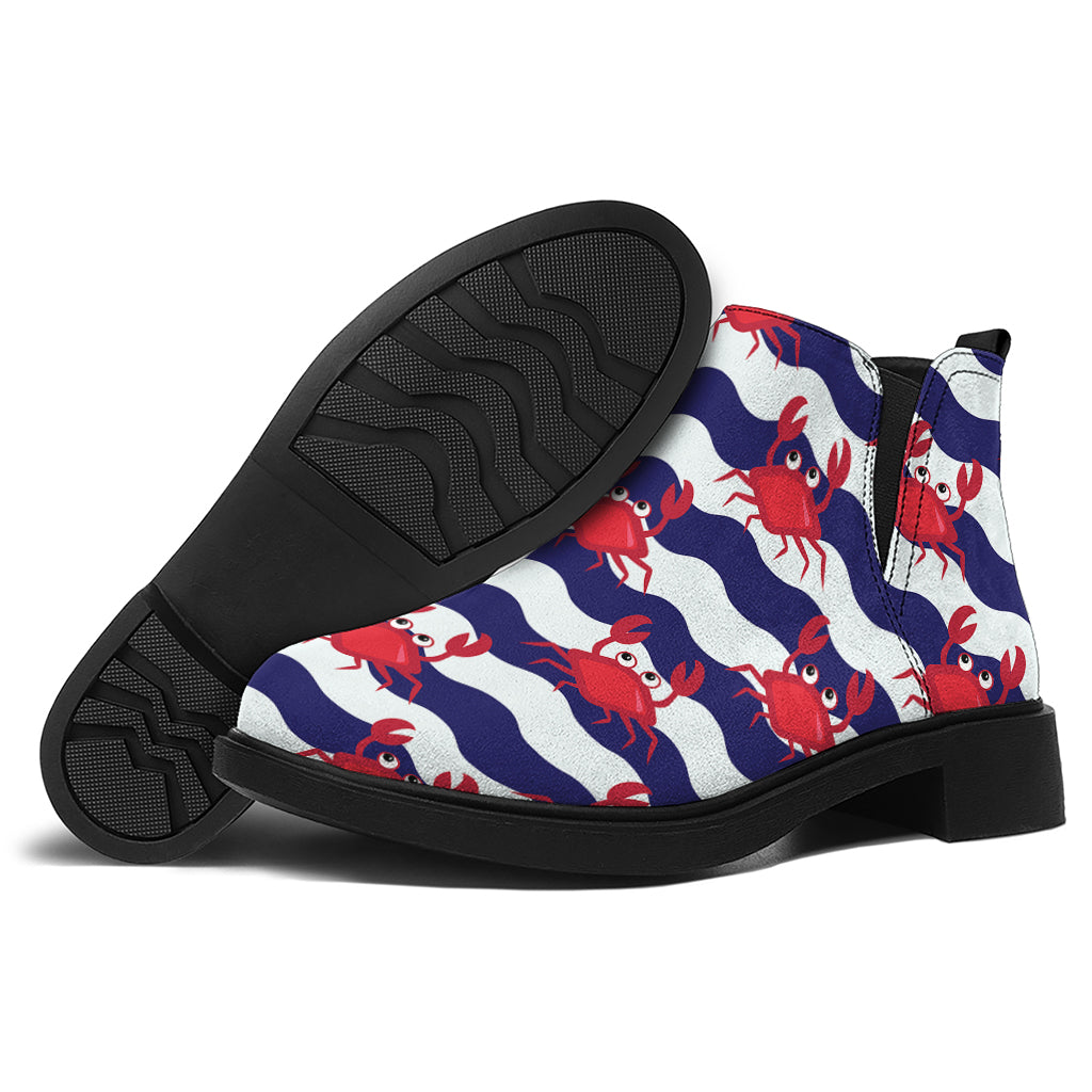 Blue And White Wave Crab Pattern Print Flat Ankle Boots