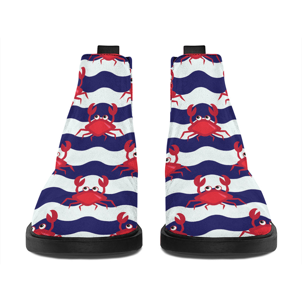 Blue And White Wave Crab Pattern Print Flat Ankle Boots