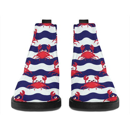 Blue And White Wave Crab Pattern Print Flat Ankle Boots