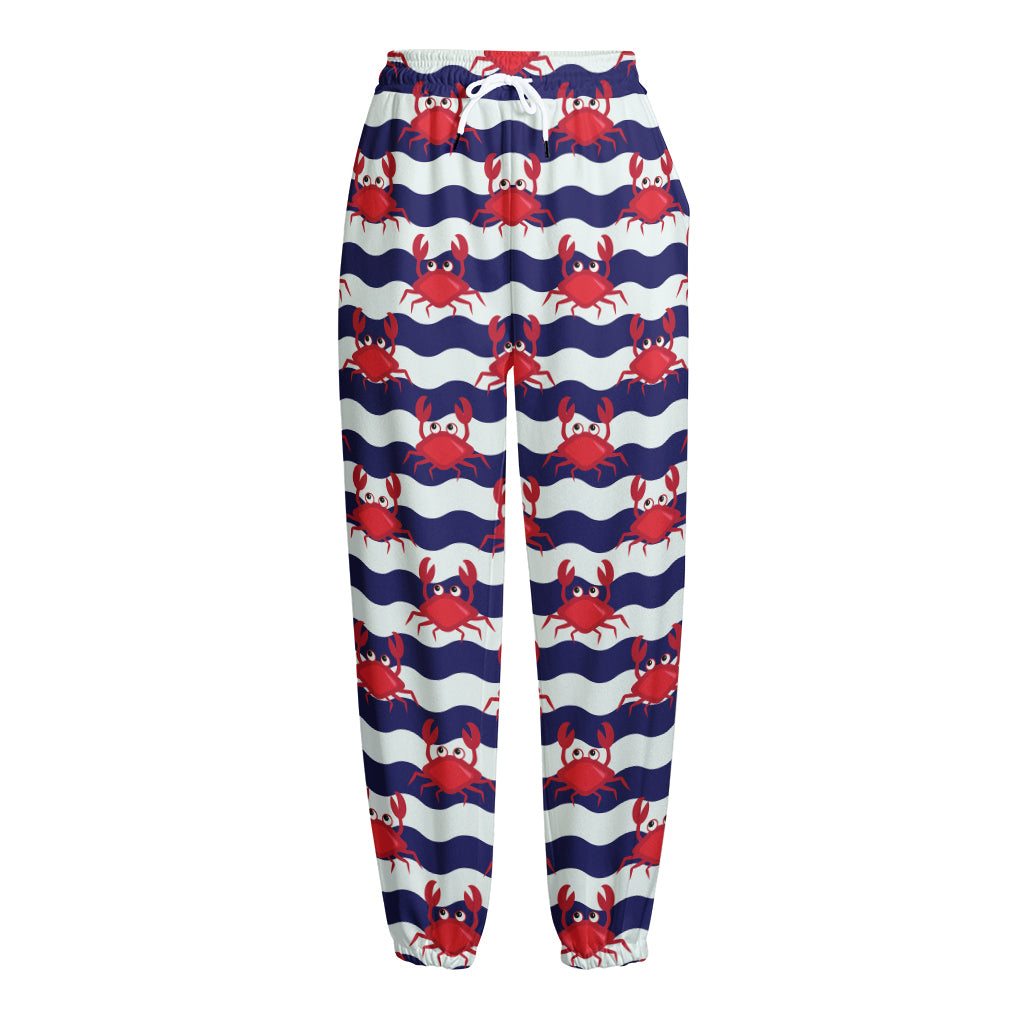 Blue And White Wave Crab Pattern Print Fleece Lined Knit Pants