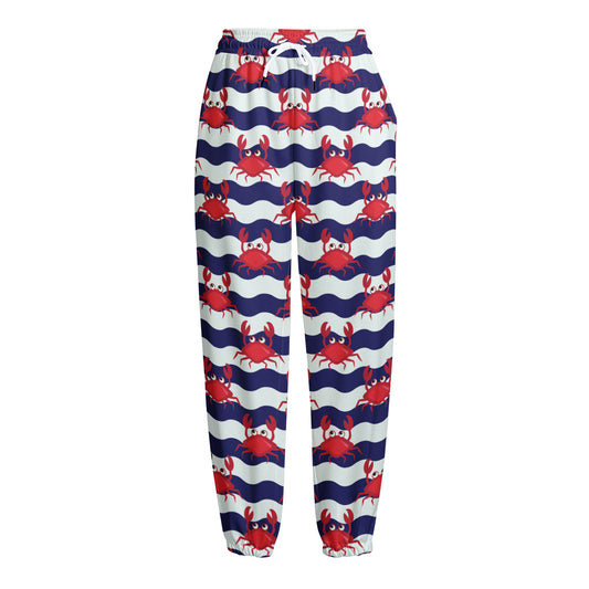 Blue And White Wave Crab Pattern Print Fleece Lined Knit Pants