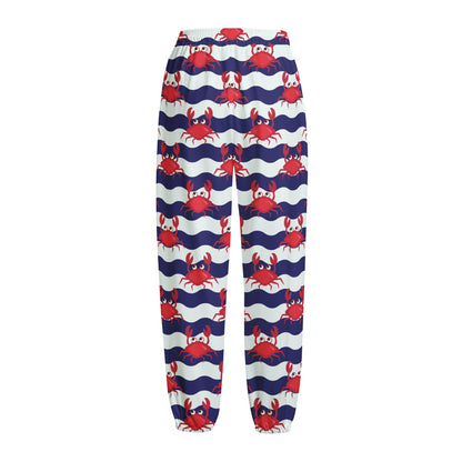 Blue And White Wave Crab Pattern Print Fleece Lined Knit Pants