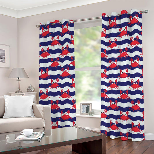 Blue And White Wave Crab Pattern Print Grommet Curtains
