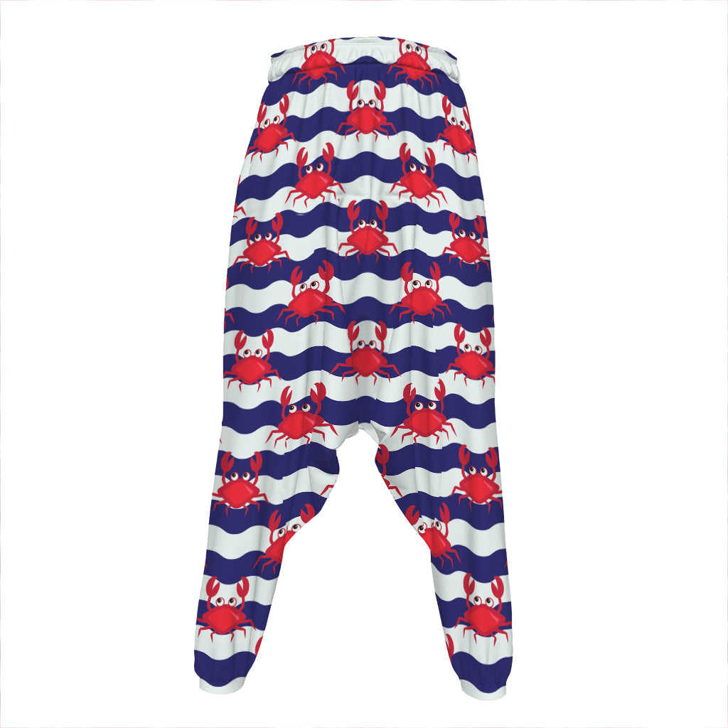 Blue And White Wave Crab Pattern Print Hammer Pants
