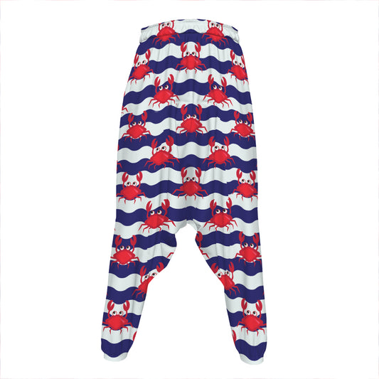 Blue And White Wave Crab Pattern Print Hammer Pants