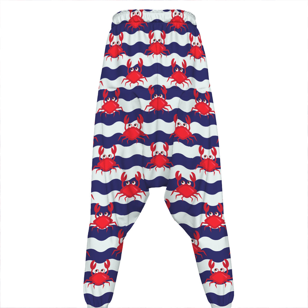 Blue And White Wave Crab Pattern Print Hammer Pants