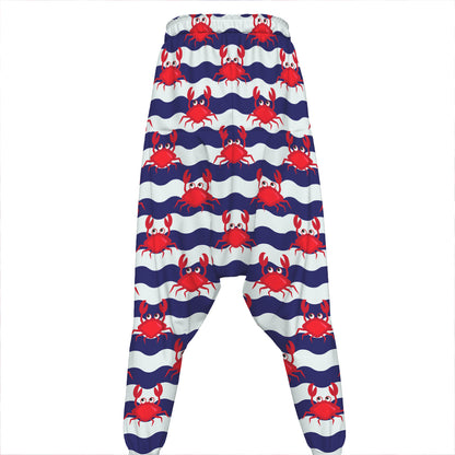 Blue And White Wave Crab Pattern Print Hammer Pants