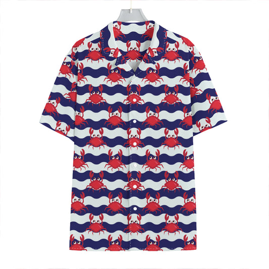 Blue And White Wave Crab Pattern Print Hawaiian Shirt