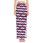 Blue And White Wave Crab Pattern Print High Slit Maxi Skirt