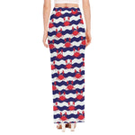 Blue And White Wave Crab Pattern Print High Slit Maxi Skirt