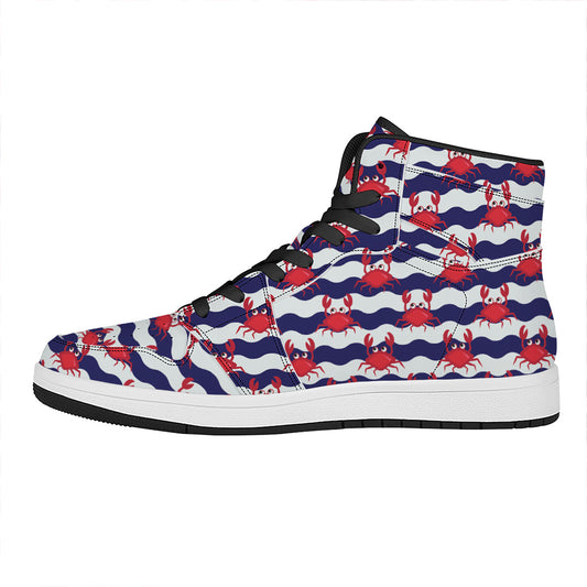 Blue And White Wave Crab Pattern Print High Top Leather Sneakers