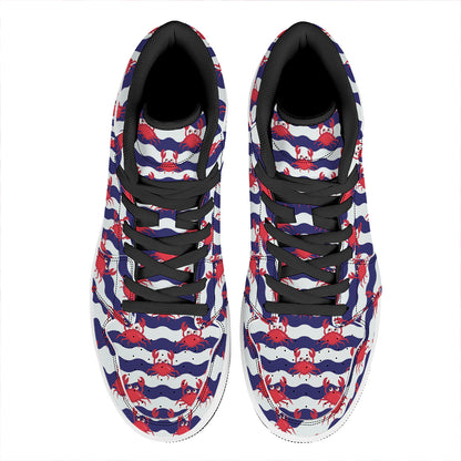 Blue And White Wave Crab Pattern Print High Top Leather Sneakers