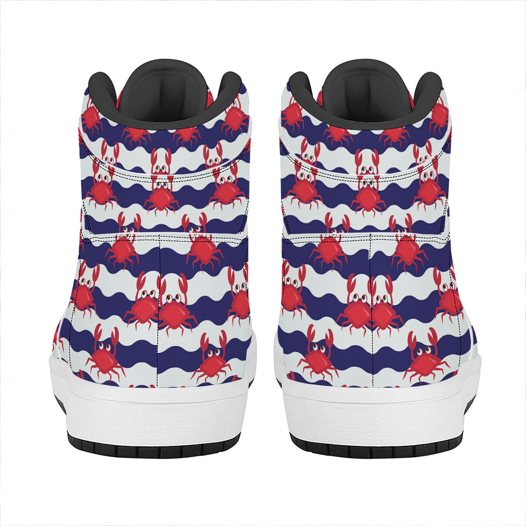 Blue And White Wave Crab Pattern Print High Top Leather Sneakers