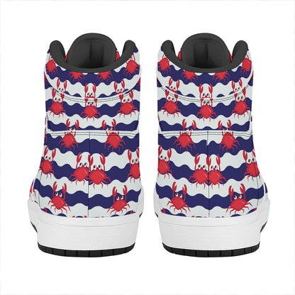 Blue And White Wave Crab Pattern Print High Top Leather Sneakers