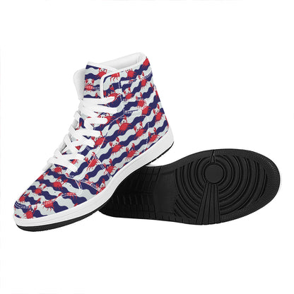 Blue And White Wave Crab Pattern Print High Top Leather Sneakers