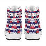 Blue And White Wave Crab Pattern Print High Top Leather Sneakers