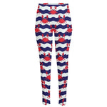 Blue And White Wave Crab Pattern Print High-Waisted Pocket Leggings