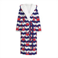 Blue And White Wave Crab Pattern Print Hooded Bathrobe