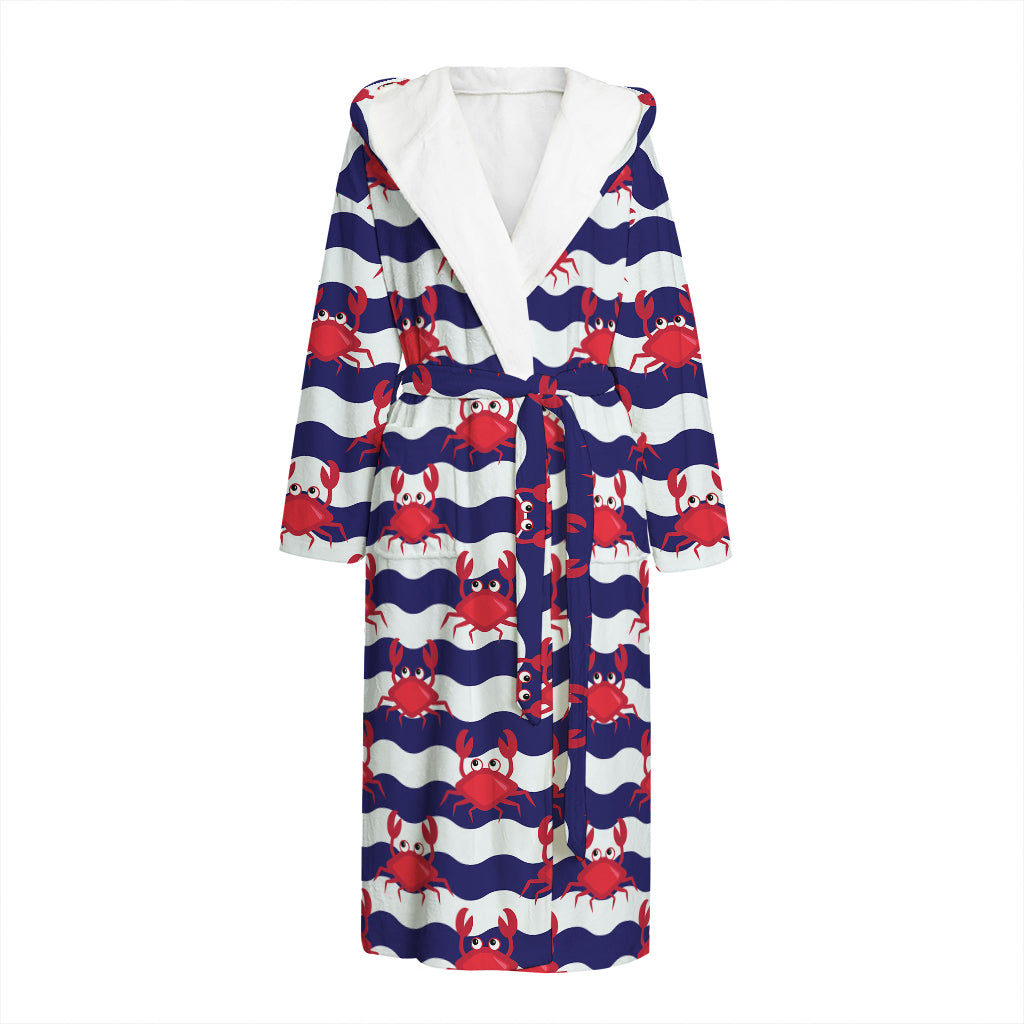 Blue And White Wave Crab Pattern Print Hooded Bathrobe