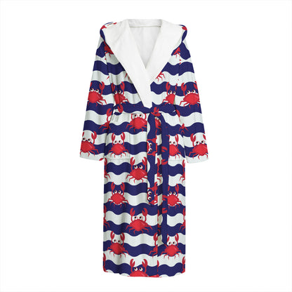 Blue And White Wave Crab Pattern Print Hooded Bathrobe
