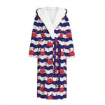 Blue And White Wave Crab Pattern Print Hooded Bathrobe