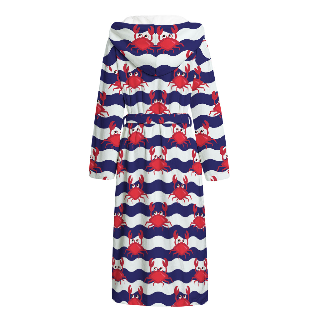 Blue And White Wave Crab Pattern Print Hooded Bathrobe