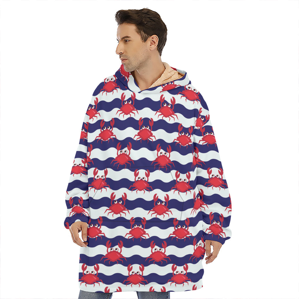 Blue And White Wave Crab Pattern Print Hoodie Blanket