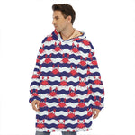 Blue And White Wave Crab Pattern Print Hoodie Blanket