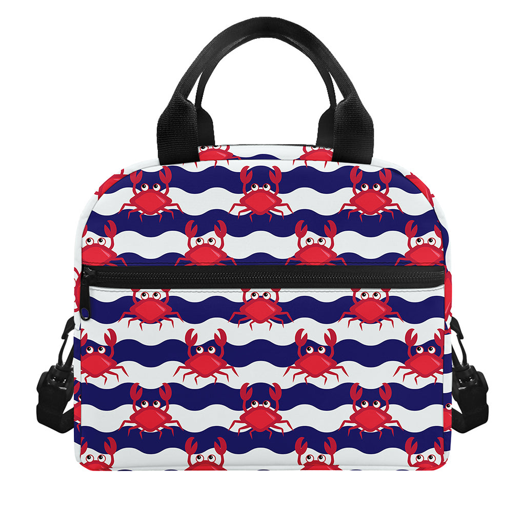 Blue And White Wave Crab Pattern Print Insulated Lunch Bag