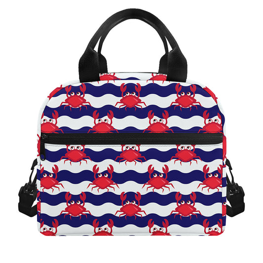 Blue And White Wave Crab Pattern Print Insulated Lunch Bag