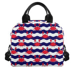 Blue And White Wave Crab Pattern Print Insulated Lunch Bag