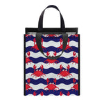 Blue And White Wave Crab Pattern Print Insulated Lunch Tote