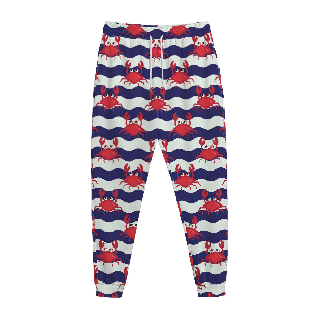 Blue And White Wave Crab Pattern Print Jogger Pants
